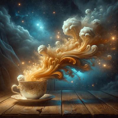 The primary subject of the image is a cup of coffee, which is the main focus of the scene. The cup is placed on a wooden table, and it appears to be a digital art or illustration. The setting is a room with a cloudy sky visible in the background. The visual style gives the impression of a painting or a digital artwork. The colors in the image are predominantly brown and blue, creating a warm and cozy atmosphere.